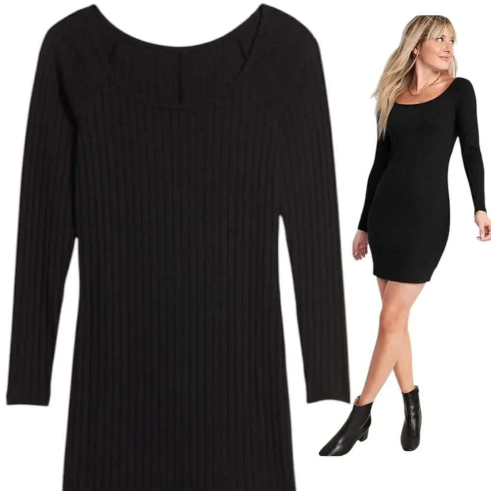 Black Scoop neck Fitted Rib-Knit Mini Dress sz L